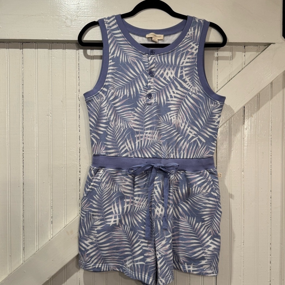 Ecothreads Palm Print Romper Periwinkle Blue Tropical Tie Waist - Picture 2 of 10